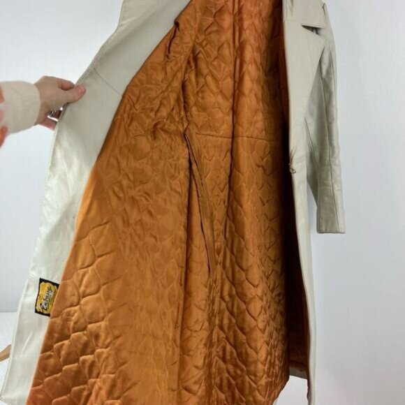 70s Vintage Embassy Women’s XS Genuine Leather Belted Tan Overcoat Jacket Trench - Picture 11 of 15